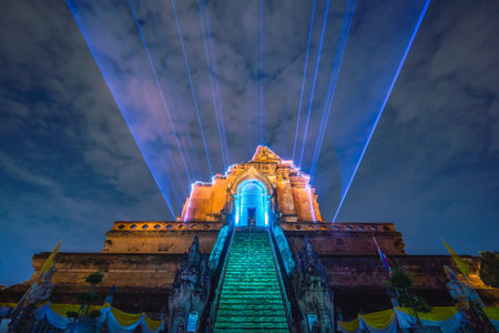 Temple in night, Wat Chedi Luang with laser lights show the lost pagoda from the collapse, Chiang...