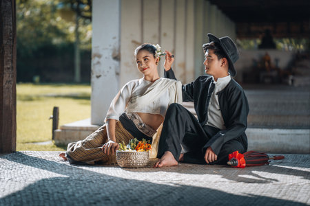 Chiangmai Province, Thailand, 13 October 2022 : Asian Youth with Thai clothes in the northern style go to temples to preserve traditions.のeditorial素材
