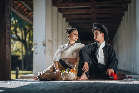 Chiangmai Province, Thailand, 13 October 2022 : Asian Youth with Thai clothes in the northern style go to temples to preserve traditions.のeditorial素材