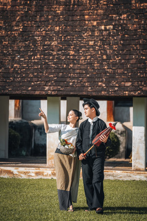 Chiangmai Province, Thailand, 13 October 2022 : Asian Youth with Thai clothes in the northern style go to temples to preserve traditions.のeditorial素材