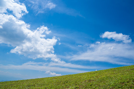 Green grass field on hills with blue sky and white clouds. nature landscape background. green grass field and bright blue skyの写真素材