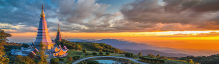 Landmark Landscape of two pagoda on the top of Inthanon mountain, Chiang Mai, Thailand. Pagodas Noppamethanedol & Noppapol Phumsiri at sunset. aerial view top inthanon Chiang Mai Asiaの写真素材