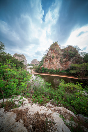 Hin Khao Ngu Park, Khao Ngu Stone Park in Ratchaburi, Thailand also call Snake Mountain. Beautiful stone mountain and lake in Ratchaburi Provinceの写真素材