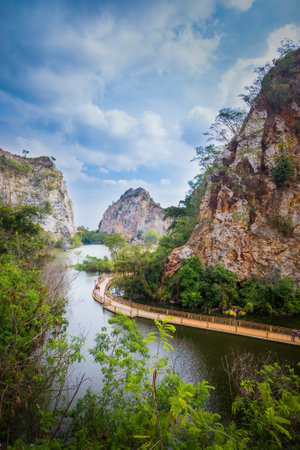 Hin Khao Ngu Park, Khao Ngu Stone Park in Ratchaburi, Thailand also call Snake Mountain. Beautiful stone mountain and lake in Ratchaburi Provinceの写真素材