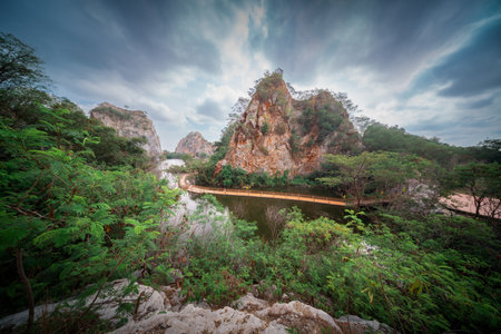Hin Khao Ngu Park, Khao Ngu Stone Park in Ratchaburi, Thailand also call Snake Mountain. Beautiful stone mountain and lake in Ratchaburi Provinceの写真素材