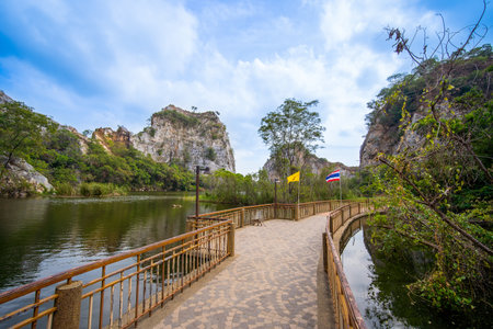 Hin Khao Ngu Park, Khao Ngu Stone Park in Ratchaburi, Thailand also call Snake Mountain. Beautiful stone mountain and lake in Ratchaburi Provinceの写真素材