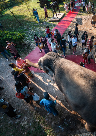 LAMPANG, THAILAND - December 17, 2022 : Many people came to make merit for the elephants. The people and elephant put monks at the old house of Louis T. Leonowens' house in Lampang province, Thailand.のeditorial素材