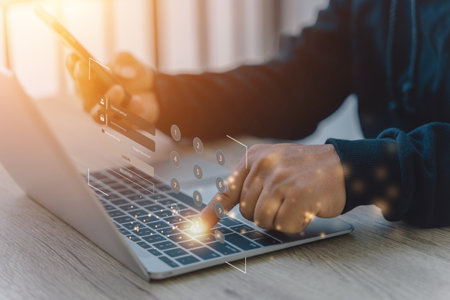 Cyber security and Security password login online concept Hands typing and entering username and password of social media, log in with smartphone to an online bank account, data protection hacker,lockの写真素材