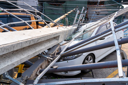 MUENG, CHIANGMAI/THAILAND MARCH  2023, 18 : High voltage electricity post damage and falling down on house and cars due to severe Storm , heavy wind and rain disaster. Building damage from stormのeditorial素材