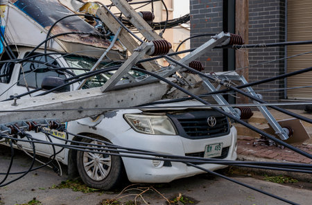 MUENG, CHIANGMAI/THAILAND MARCH  2023, 18 : High voltage electricity post damage and falling down on house and cars due to severe Storm , heavy wind and rain disaster. Building damage from stormのeditorial素材