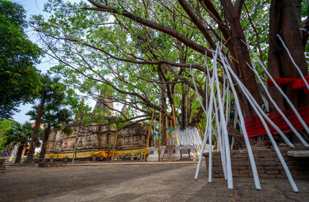 Art on ancient Buddhist architecture, Beautiful view of ancient Wat Jed Yod Temple (seven pagoda buddhist) in Chiang Mai, Thailand, inspired from Mahabodhi temple in Bodhgaya, Indiaの写真素材