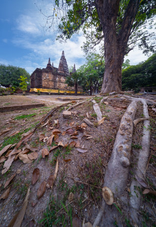 Art on ancient Buddhist architecture, Beautiful view of ancient Wat Jed Yod Temple (seven pagoda buddhist) in Chiang Mai, Thailand, inspired from Mahabodhi temple in Bodhgaya, Indiaの写真素材