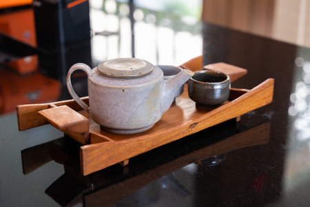 japanese green tea cup traditional, Green tea accessories on tray on wooden table. Japanese tea ceremony concept.の写真素材