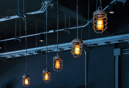 bright orange lamps in a dark ceiling. a burning electric light bulb screwed into the socket against...