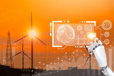 Robot hand touching virtual environment icons over the network connection on nature power background, Artificial Intelligence and Technology ecology concept, ,Clean energy. 3d renderingの写真素材