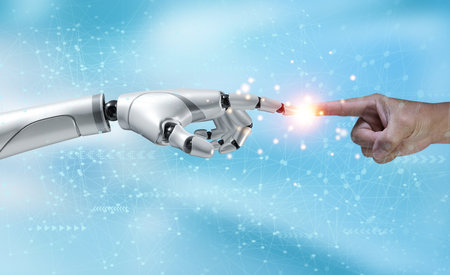 Robot hand making contact with human hand, AI chatbot communication metaverse technology, futuristic abstract innovation. concept integration and coordination of artificial intelligence technology.の写真素材