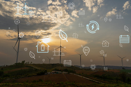 Environmental conservation technology and approaching global sustainable ESG clean energy and power from renewable natural resources, ecological power plant, Green ecological power energy generationの写真素材