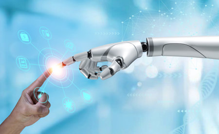 Hands of robot and human touching medical healthcare practices operation surgical, with performance  with graphical icon display. Science and innovation, Artificial intelligence technology concept.の写真素材