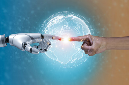 Artificial Intelligence. Futuristic 3d robot arm and human hand touching digital world with wireframe connections, virtual graphic interface future technology, Cyborg hand pointing a Connectionの写真素材