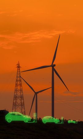 Green technology, Renewable, sustainable energy. EV car with electric vihicle charging station. Wind turbine farm. Sustainable energy for electric vehicle, Wind power. Sustainability transportation.の写真素材