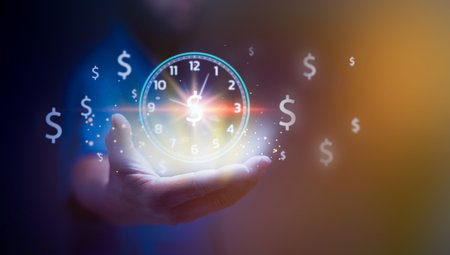 Businessman hand holding sign clock and money icon, Business time management and business plan concepts.virtual clock with dollar sign , business growth concept, finance and investmentの写真素材