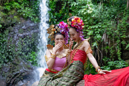 Chiang Mai, Thailand - June 24, 2023 : Beautiful Thai young woman portrait dressed in PhraPuen PhraPaeng traditional Thai dress. According to her concept in the literature of ancient Thailand.のeditorial素材