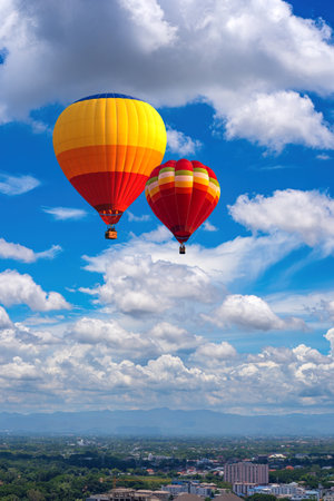 Hot air Balloon flying over the City, Landscape with hot air balloons flying over Chiang Mai City in a day of many clouds in the sky, Thailand, Asiaの写真素材