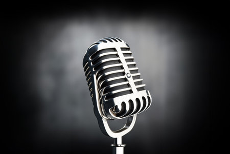 Retro style microphone on black, Retro microphone against blur dark background. retro condenser microphoneの写真素材