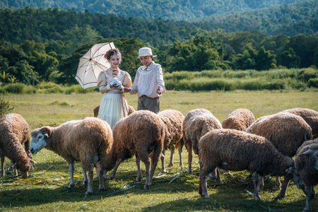 teenage girl and boy in ancient-style costumes holding an umbrella happy together in the sheep pasture. vintage blouse costume. Historical dresses, victorian or edwardian era style dressの写真素材
