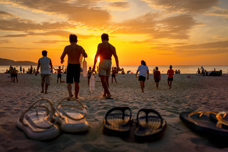 Danang, Vietnam - August 15, 2023 - Sunrise at My Khe beach, Danang, Vietnam. Vietnamese and tourists exercise along Da Nang beach at sunrise. silhouette many people walking seaside, relaxing, jogging on beachのeditorial素材