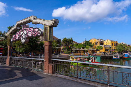 HOI AN, VIETNAM - AUGUST, 15 2023 : View on the Old Town of Hoi An. Vietnam. Unesco World Heritage Site, famous for mixed cultures and architecture. One of the most popular destinations in Vietnamのeditorial素材