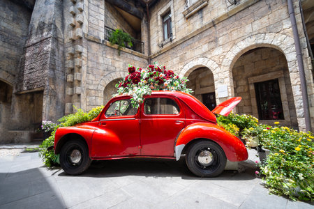 DA NANG, VIETNAM - AUGUST, 15 2023 : European street festival in Ba Na Hills Mountain Resort, the multi-level complex filled with amusement rides, attractions, restaurants on Ba Na Hill, Da Nang Cityのeditorial素材
