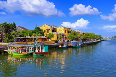 HOI AN, VIETNAM - AUGUST, 15 2023 : View on the Old Town of Hoi An. Vietnam. Unesco World Heritage Site, famous for mixed cultures and architecture. One of the most popular destinations in Vietnamのeditorial素材