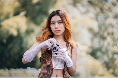 Beautiful woman taking picture outdoors with a analog camera. Traveler, travel asian young woman or...