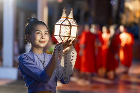 Asian woman wearing a traditional Lanna dress holding a colorful paper lantern raised high and...