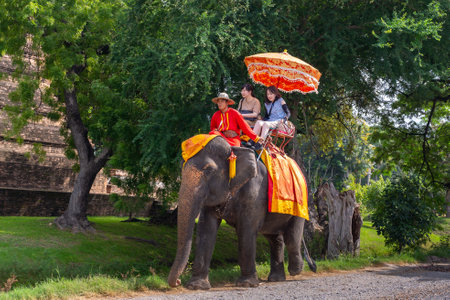 Ayutthaya, Thailand - October 26, 2023: Tourists on an elephant ride tour of the ancient city Ayutaya, thailand. The Elephant for tourist service. mahout rides elephant with tourists in temple areaのeditorial素材