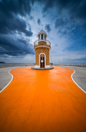 Peggy's Cove Lighthouse, Light House at Peggy Cove and black clouds before rain, Sriracha Chonburi, Thailand. lighthouse standing at the coastの写真素材
