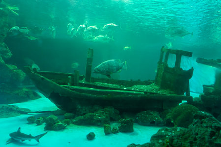Wreck of wooden fishing boat, Underwater shipwreck in aquarium, Chonburi in Thailand. A sunken shipwreck in sea. Underwater world.の写真素材
