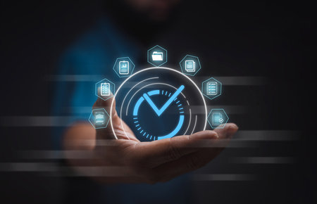 Businessman holding the checked icon on virtual screen. Service guarantee, Validation concept for business process automation, quality assurance management, certification, digital transformation.の写真素材
