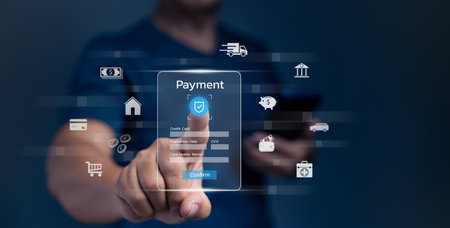 Digital banking network, internet payment, financial technology or FinTech concept. Businessman using smartphone with icons on virtual screen, online shopping and payment via mobile banking apps.の写真素材
