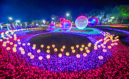 CHIANG MAI, THAILAND - December 15, 2023: Colorful and light in the flower field, Charming Chiang Mai flower festival in twilight in Happy New Year and Christmas 2024 Festival. flower garden at nightのeditorial素材