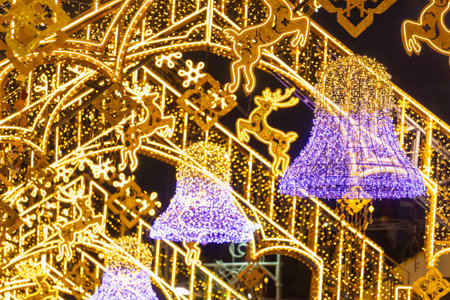 Tha Phae Street Decorated with Colorful lights for Christmas Celebration and Happy New Year in Chiang Mai, Thailand. Christmas and New Year light installations at night in Chiang Maiの写真素材