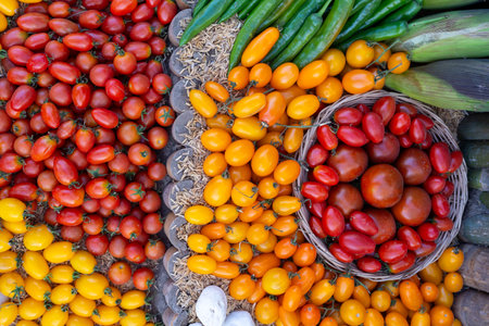 In a summer garden filled with green foliage and blooming nature vibrant fruits including tomatoes decorates background. Decorating with many types of vegetables.Vegetable background, harvestingbackground, harvestingの写真素材