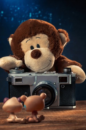 Plush monkey with an old film camera photographing toy animalsの写真素材