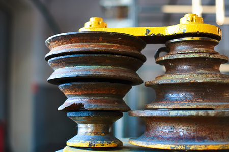 Old machine for bending pipes of different diameters. Device bender close up.の写真素材