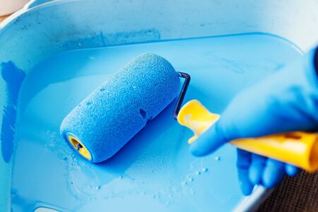 Gloved hand lowers the roller in the tray with blue paint. Services painter. Repair and decoration of apartments.の写真素材
