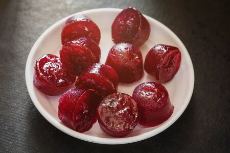 Pieces of homemade marmalade without sugar from natural fruits. A delicious refreshing dessert on a...