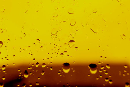 Yellow background with water drops on the glass. The heel is design for beer.の写真素材