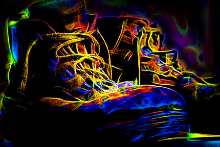 Old working bots close up. Illustration of shoes with neon treatment.の写真素材