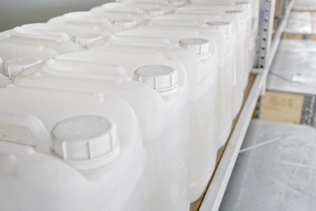 A lot of white plastic cans are lined up on the shelves of the warehouse.の写真素材